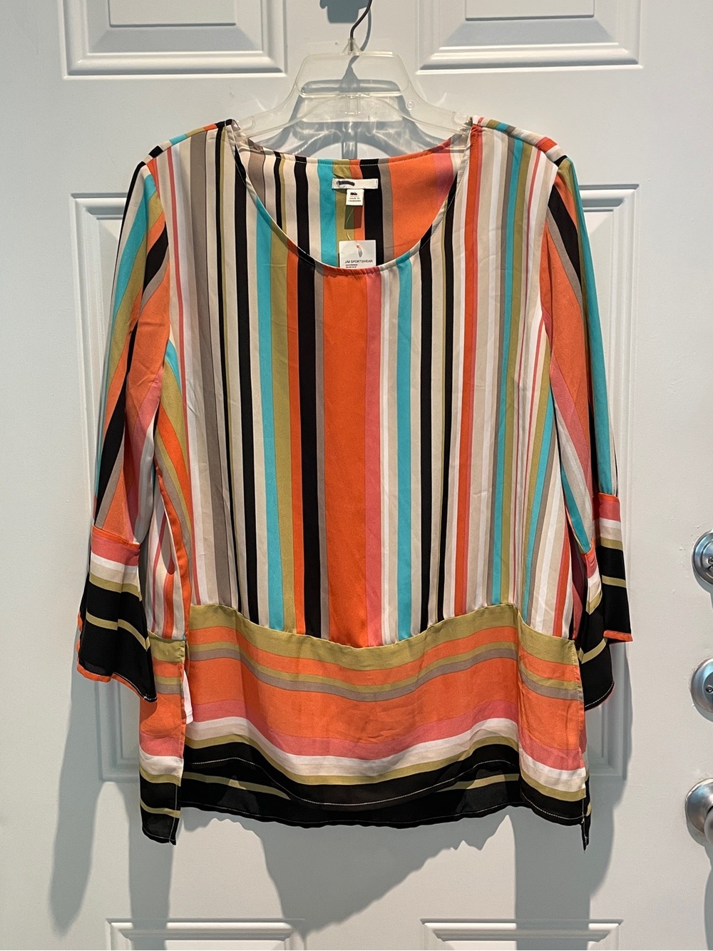 Cato Multicolor Coral Turquoise Tan Striped 3/4 Sleeve Scoop Neck Blouse Size XL